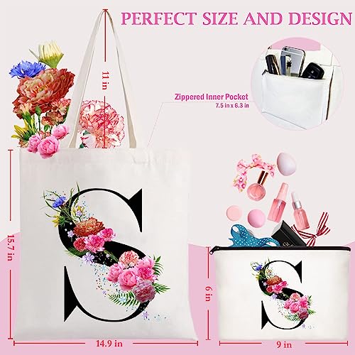 Andeiltech Initial Canvas Tote Bag Floral Letter Personalized Makeup Bag Monogrammed Gift for Bridesmaids Birthday Wedding
