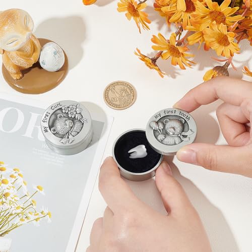 FINGERINSPIRE 2 PCS My First Curl & Tooth Bear Keepsake Box - 1.3inch Inner Size Antique Silver Baby Teeth Collection for ...