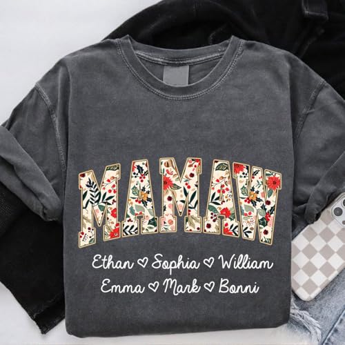 Personalized Floral Mama Grandma Shirt with Kids Name, Custom Gifts for Mom Grandma, Mother’s Day Shirt for Women