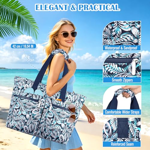 HUANLANG Large Beach Bags for Women Pool Bag with Zipper, Waterproof Sandproof Beach Tote Travel Bag with Wet Pocket | Wat...