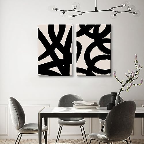 Framed Abstract Wall Art Canvas Set Lines Pictures Modern Mid Century Boho Wall Decor Minimalist Abstract Black Stroke Lin...