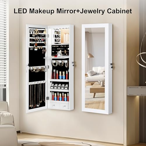 JOYUSAEN Mirror Jewelry Cabinet, Wall/Door Mounted Jewelry Armoire with Full-Length Mirror, Hanging Jewelry Organizer with...