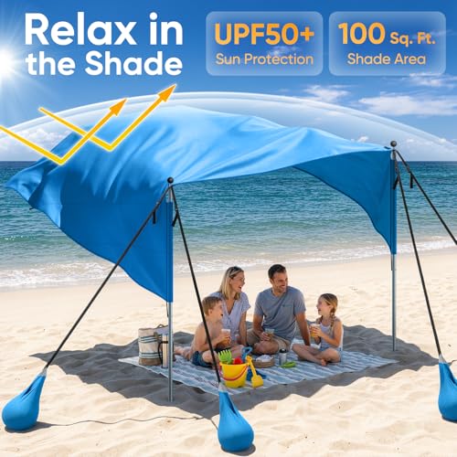MoKo Beach Shade Canopy, 100 Sq.Ft. Wind-Supported Sunshade Sail for 4-6 People, Lightweight Easy Setup Beach Tent with UP...