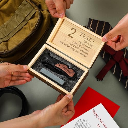 Leriton 2 Years Anniversary Keepsake Gifts for Him Men Husband Engraved Pocket Folding Knife with Wood Box Tin Anniversary...