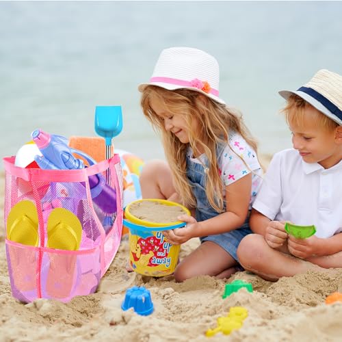 Yunaeduo Large Mesh Beach Bag - Lightweight & Foldable Family Beach Bag with 9 Pockets for Toys, Towels & Vacation Essentials