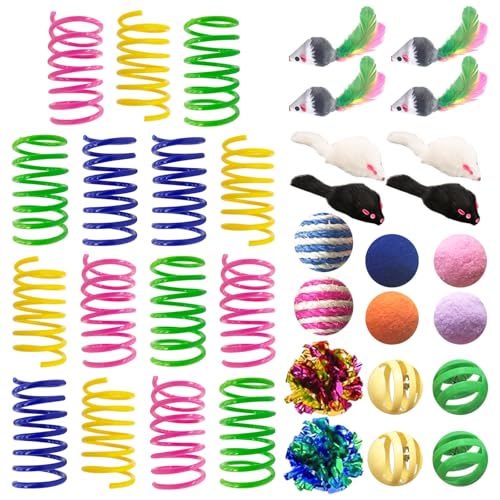 AGYM Cat Toys for Indoor Cats, 35 Packs Interactive Cat Toys Set with Colorful Springs, Mouse Cat Toy, Crinkle, Sisal, Pom...