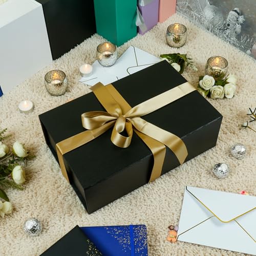 YINUOYOUJIA Large Black Gift Boxes with Lid,14"x9"x4.5" Magnetic Gift Box with Ribbon,Cards and Envelopes for Presents,Gre...