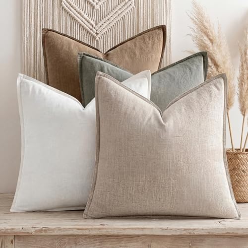 CrystalSylara 4 Pack 18x18 Inch Linen Pillow Covers Decorative Neutral Linen Throw Pillows Cases, Soft Rustic Cushions Boh...