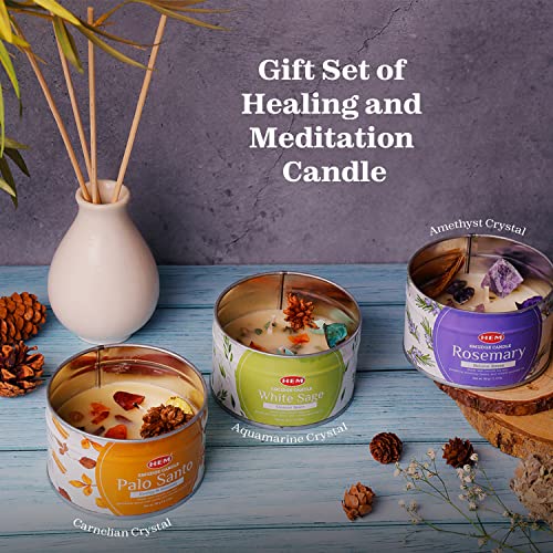 HEM Crystal Candle Gift Set – 3 Natural Soy Wax Candles (9.5 oz) | White Sage, Palo Santo & Rosemary Scents | 65-Hour Burn...