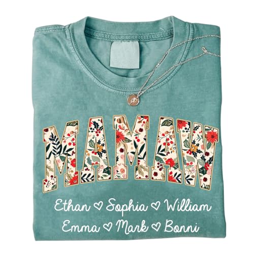 Personalized Floral Mama Grandma Shirt with Kids Name, Custom Gifts for Mom Grandma, Mother’s Day Shirt for Women