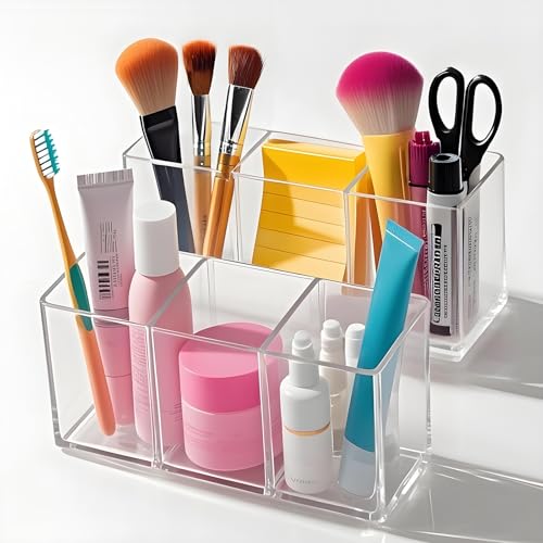 eieioo Acrylic Makeup Brush Holder, 2 Pack Clear Pencil Holder, Desk Accessories Holder with 3 Compartments, Brush Organiz...