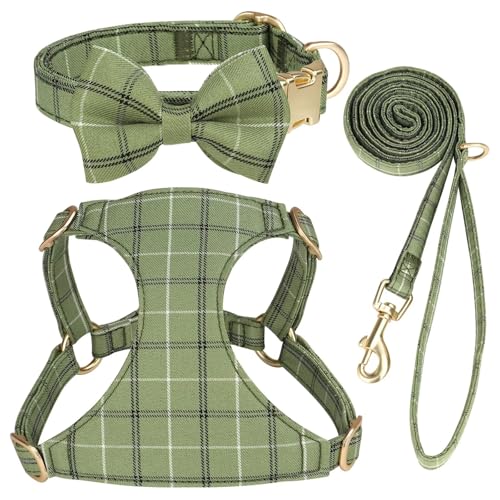 Beirui Cute Extra Small Dog Harness Collar and Leash Set with Bowtie, Soft Adjustable Plaid Puppy Harness for Small Sized ...