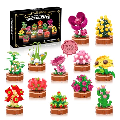 KOJAYHOL 12 Pack Flowers Succulent Party Favors for Kids Building Set, 1001 Pcs Botanical Bonsai DIY Creative Mini Buildin...