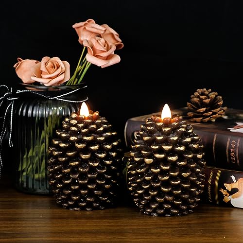 Wondise Flameless Candles with Timer, Battery Operated Flickering Wick Real Wax Pine Cone Candles for Holiday Indoor Decor...