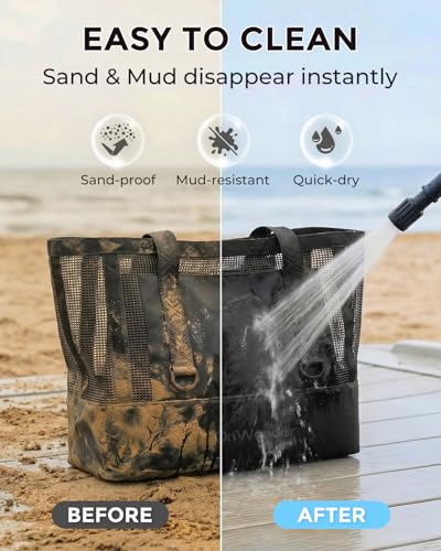 OnWander Large Mesh Beach Tote Bag - Pool Bags with 2 Inner Zipper Waterproof Pockets for Swim Toys Towels Travel
