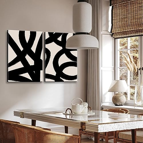 Framed Abstract Wall Art Canvas Set Lines Pictures Modern Mid Century Boho Wall Decor Minimalist Abstract Black Stroke Lin...