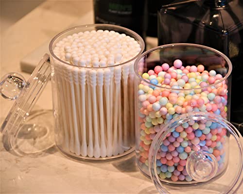 DAPOWER 2 Pack Qtip Holder Storage Canister for Cotton Ball, Cotton Swab, Pads, Floss; 10-Ounce Clear Plastic Apothecary J...