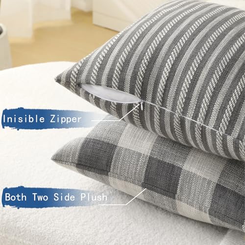 Linen Check Decorative Pillow Covers 18x18 Inch Set Of 4, Boho Throw Pillow Covers Square Couch Pillow Soft Accent Farmhou...