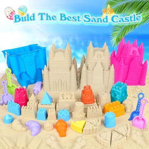 FUSPWEAO Beach Toys Sand Toys for Kids, Sand Castle Toys for Beach with 2 Castle Bucket and Mesh Bag, Sand Molds, Shovels ...