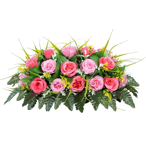 MOOMASS Cemetery Headstone Flower Saddle - Artificial Cemetery Flowers Rose, Grave Decoration，Non-Bleed Colors, and Easy F...