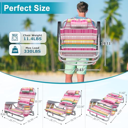 Suteck Backpack Beach Chairs for Adults, 5-Position Lay Flat Reclining Chair with Cooler Pouch, Cup Holder, Towel Bar, 2-P...