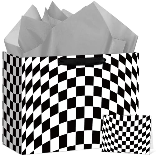 Hooqict Large Checkered Gift Bag Black and White Racing Car Gift Wrap Bag with Handles, Tissue Paper, Greeting Cards for K...
