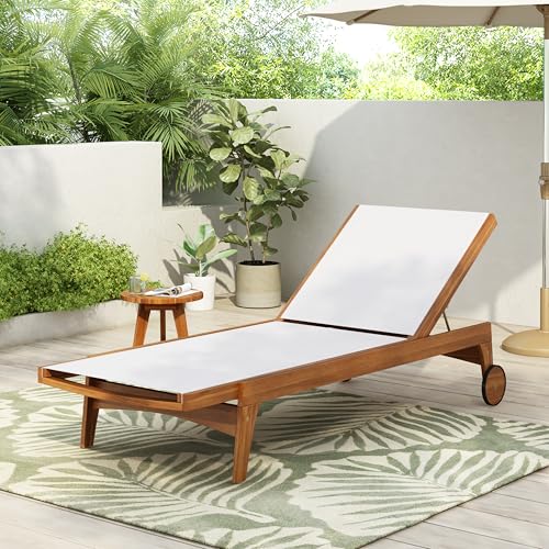 Merax Outdoor Reclining Chaise Lounge, Acacia Wood & Breathable Mesh, Adjustable Sun Lounger for Patio, Poolside & Garden ...