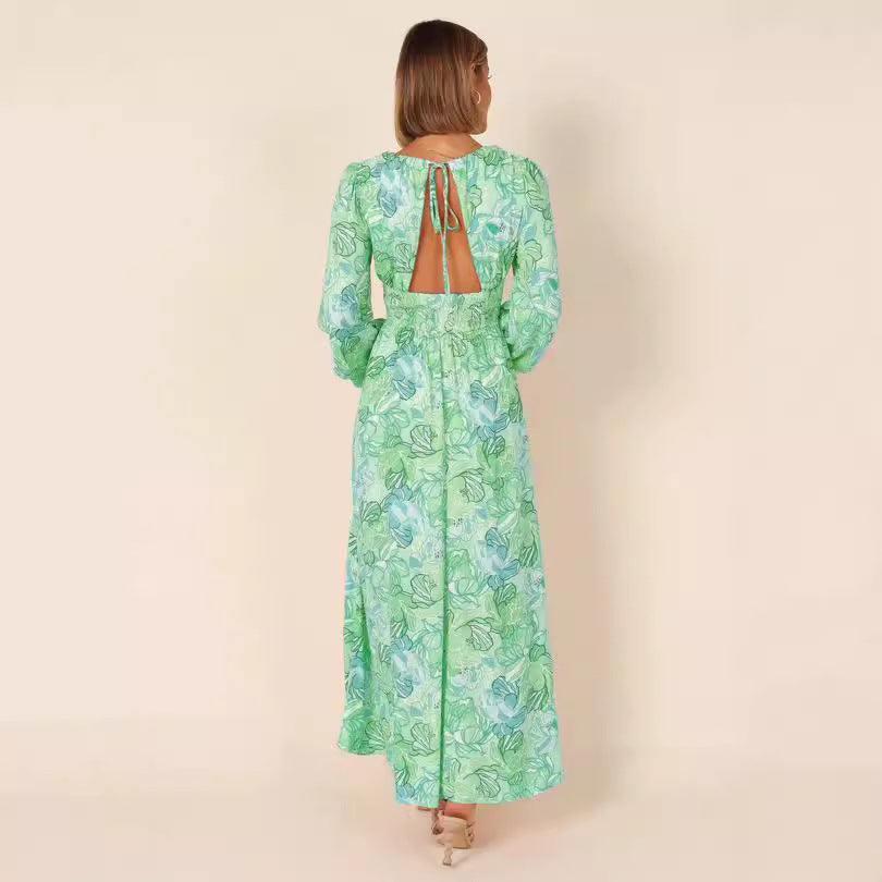Printed Backless Deep-V Sexy Best-selling Long-sleeve Dress