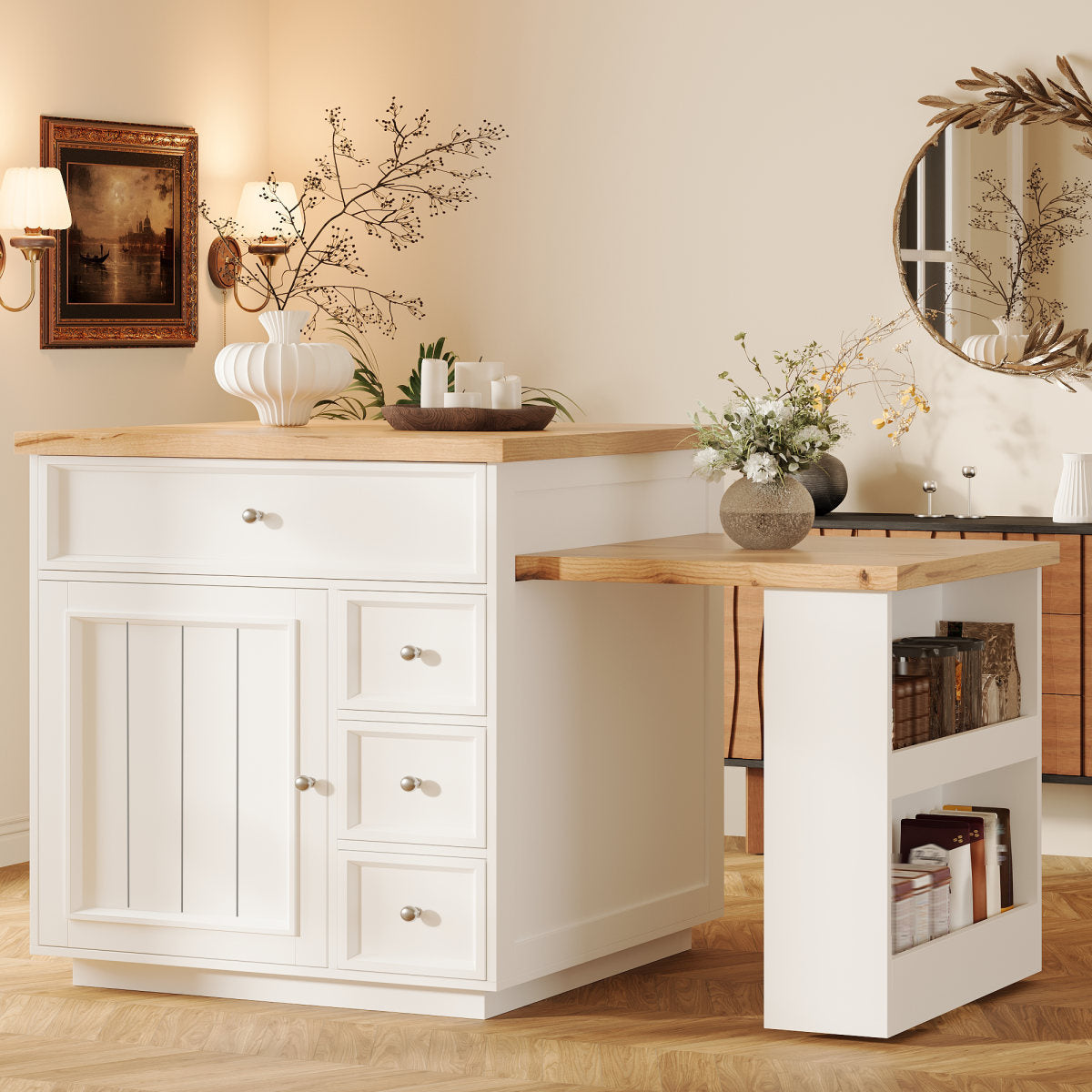 Extendable Kitchen Island  120-184 Cm With Drawers And Casters, Mobile Kitchen Island With Wood-look Tabletop, Versatile Counter Island For Kitchen, Dining Room & Bar Counter, White Black