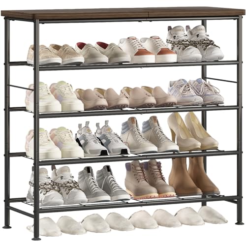 SUOERNUO Shoe Rack Organizer 5 Tier for Closet Entryway Free Standing Metal Storage Shoe Shelf with MDF Top Board，Black+Ru...