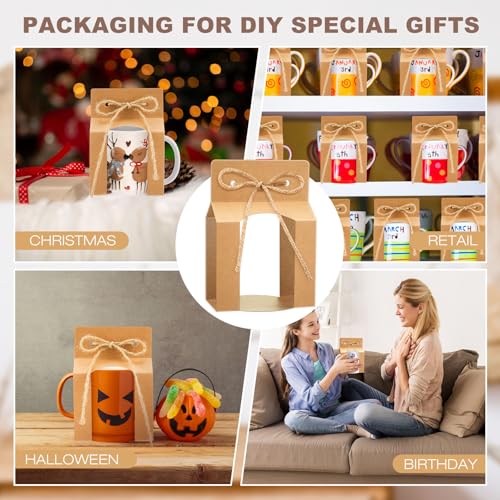 Kosiz 36 Pcs Kraft Mug Boxes Sublimation Coffee Mugs Gift Bags with Window Packaging Storage Box for Shipping Selling Wedd...