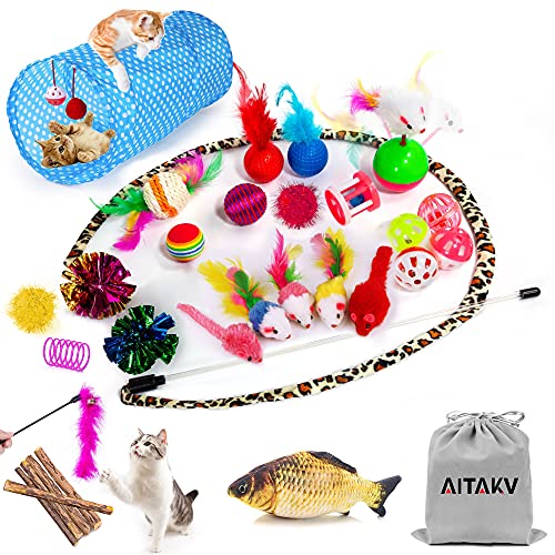 AILUKI 35 PCS Cat Toys Kitten Toys Assortments,Variety Catnip Toy Set Including 2 Way Tunnel,Cat Feather Teaser,Catnip Fis...