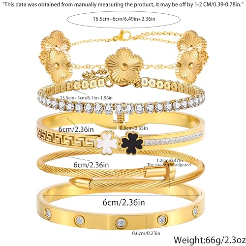 Camhanno 5pcs Gold Stackable Bracelet Set for Women - Stainless Steel Non-Tarnish Clover Lucky Charm Jewelry, Trendy Gift ...