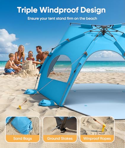 Raynesys Beach Tent Sun Shelter for 5-6 Person, Pop Up Beach Canopy, UPF 30+ UV Protection, Breathable Mesh Window, Portab...