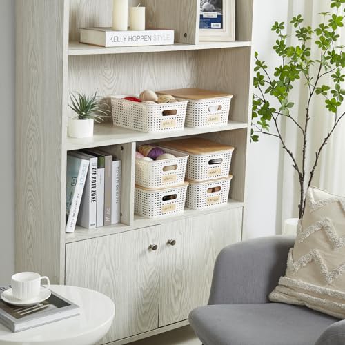 Bagnizer Small Plastic Storage Bins with Bamboo Lids 5.2qt Stackable Box Basket Pantry Decorative Containers Cute with Lab...