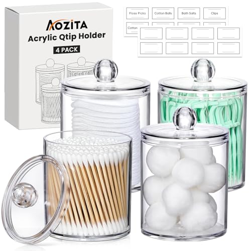 4 Pack Acrylic Qtip Holder Dispenser for Cotton Swabs, Balls, Pads, Floss Picks- Small Clear Acrylic Canister Apothecary J...