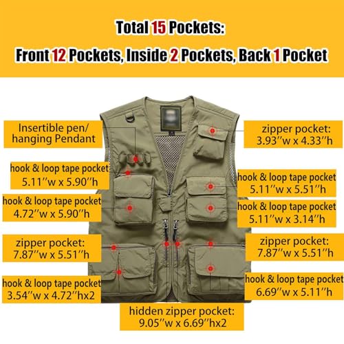 Flygo Men's Casual Lightweight Outdoor Fishing Work Safari Travel Photo Cargo Vest Jacket Multi Pockets