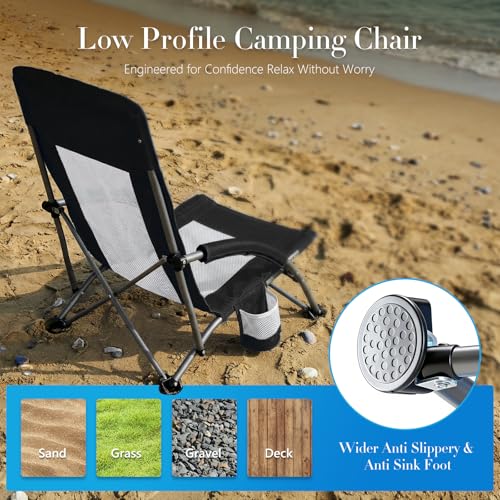 DUMOS Low Beach Chair for Adults, Lightweight Folding Beach Chair with Cup Holder, Storage Bag, Breeze Mesh Back, Padded A...
