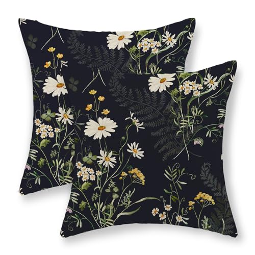 GOLIANDA Black Pillow Covers 18x18 Inch Set of 2 Sage Green Spring Floral Throw Pillows Botanical Wildflower Summer Outdoo...