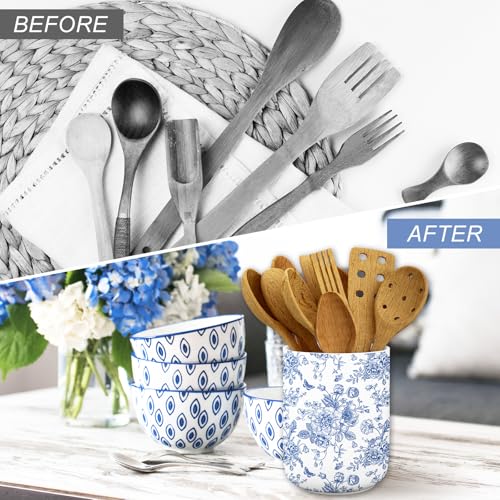JarThenaAMCS Chinoiserie Floral Ceramic Utensil Holder Blue Flower Butterfly Utensil Crock for Home Kitchen Countertop Sto...