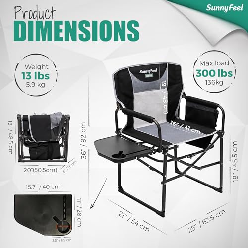 SUNNYFEEL Camping Directors Chair, Heavy Duty,Oversized Portable Folding Chair with Side Table, Pocket for Beach, Fishing,...