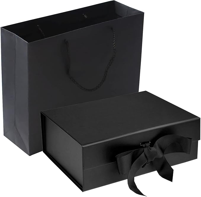 RUIFYRAY Black Luxury Magnetic Gift Box with Lid, Ribbons and Gift Bag, Medium Size-9.4x7x3 Inches, Great for Christmas, N...