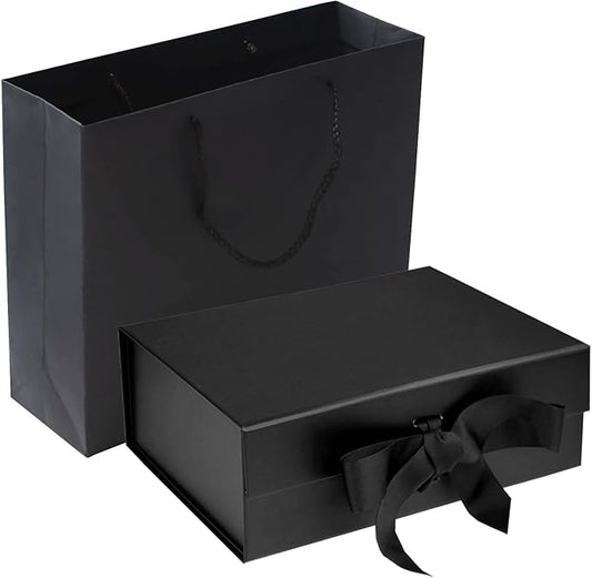 RUIFYRAY Black Luxury Magnetic Gift Box with Lid, Ribbons and Gift Bag, Medium Size-9.4x7x3 Inches, Great for Christmas, N...