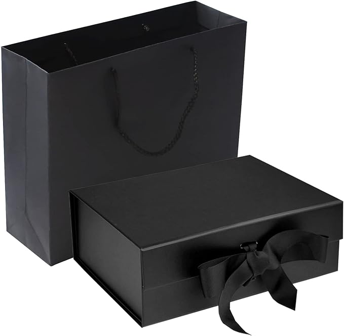 RUIFYRAY Black Luxury Magnetic Gift Box with Lid, Ribbons and Gift Bag, Medium Size-9.4x7x3 Inches, Great for Christmas, N...