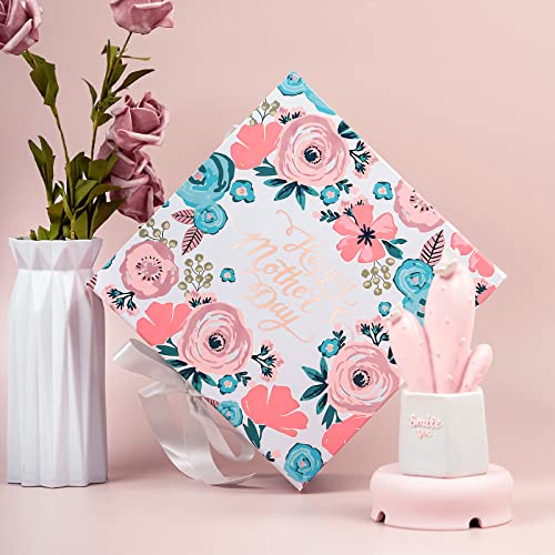 WRAPAHOLIC 1 Pcs 8x8x4 Inches Rose Gold Foil Happy Mother's Day Lettering and Floral Gift Box with Satin Ribbon, Collapsib...