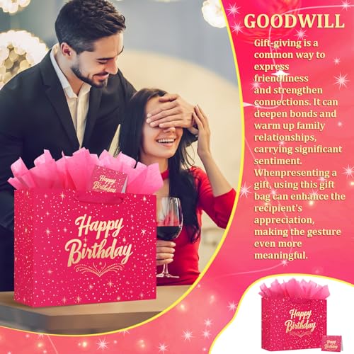 BeiLaad 13" Pink Happy Birthday Gift Bag with Greeting Card and Tissue Papers, Happy Birthday Bag for Women Girls Party, G...