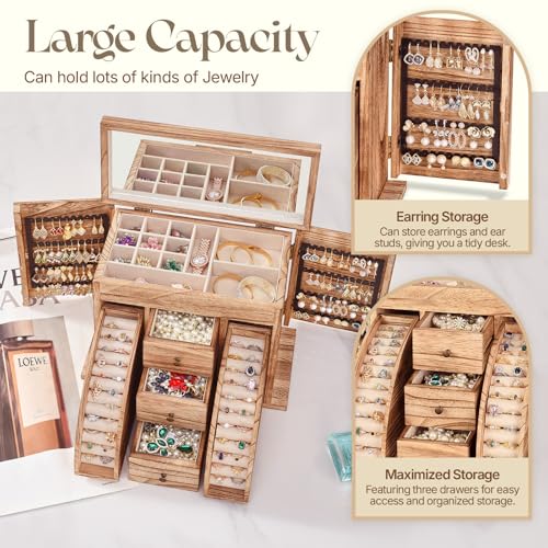 Poyilooo Jewelry Box Organizer, Solid Wood Jewelry Boxes fow Women with Mirror, Large Jewelry Organizer Box Display Earrin...