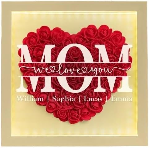 Mom, We Love You - Personalized Flower Shadow Box with LED Light, Personalized Mom Flower Shadow Box with Name for MOM Gra...