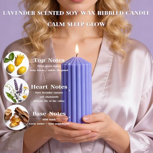 Purple Ribbed Pillar Candles Set of 3 - Lavender Scented Soy Wax Candles for Stress Relief & Sleep,Aesthetic Textured Deco...