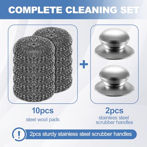 10Pcs Steel Wool Scrubber, Steel Wool Pads with 2Pcs Handle, Stainless Steel Scrubber for Dishes, Kitchen, Cleaning, Stove...